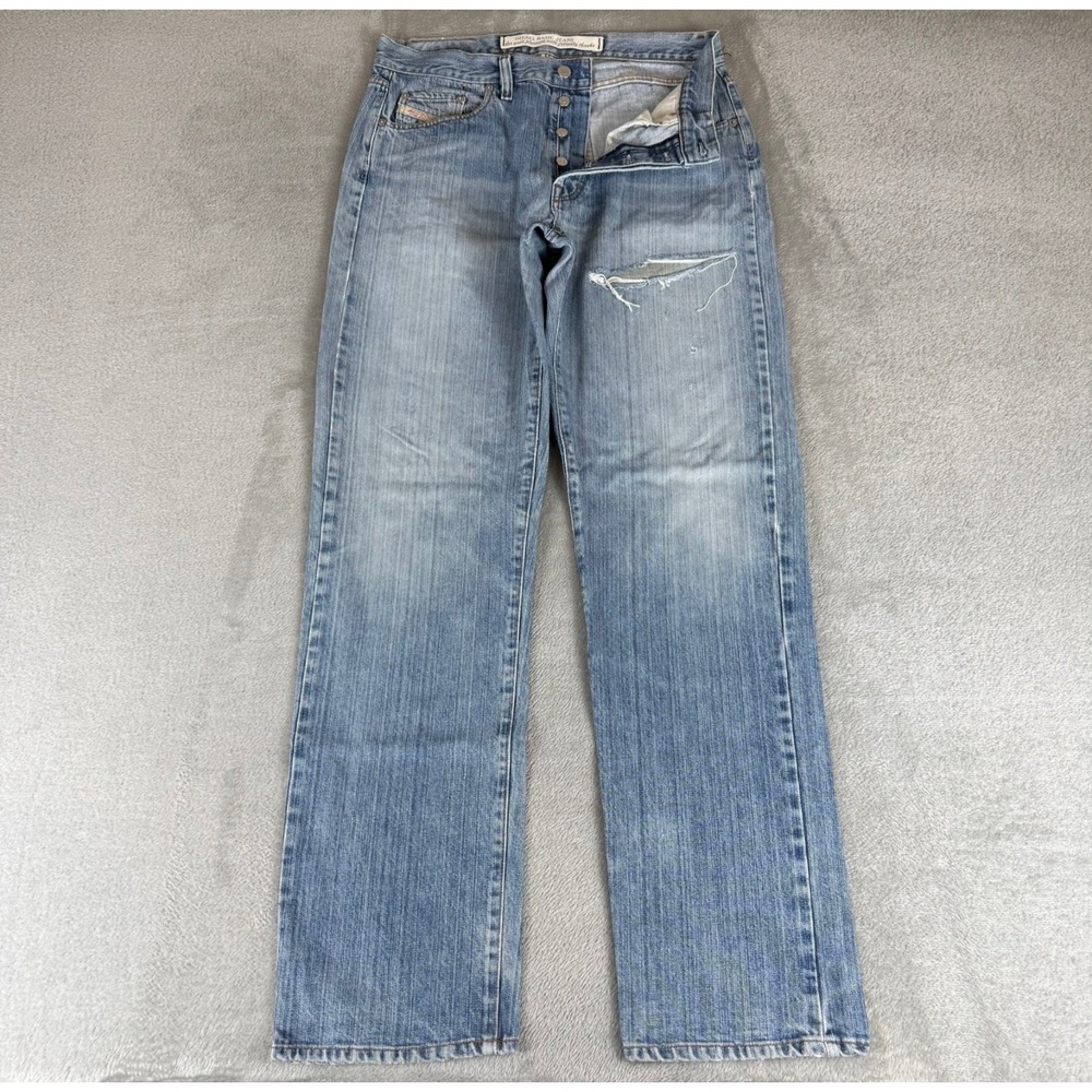 Diesel Cochise Straight Jeans Mens 36x34 Blue Denim Button Fly Distressed Italy